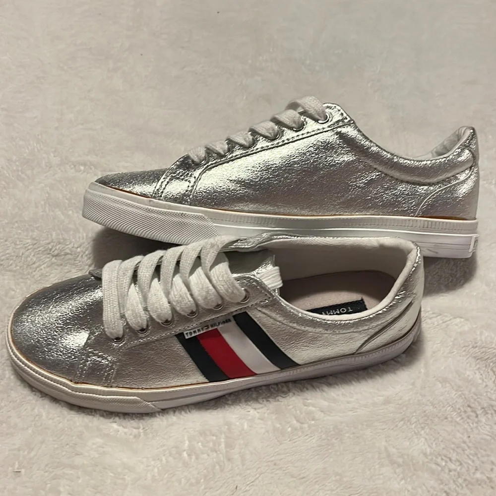 Tommy Hilfiger Silver Metallic Sneakers with Red, White & Navy Stripe